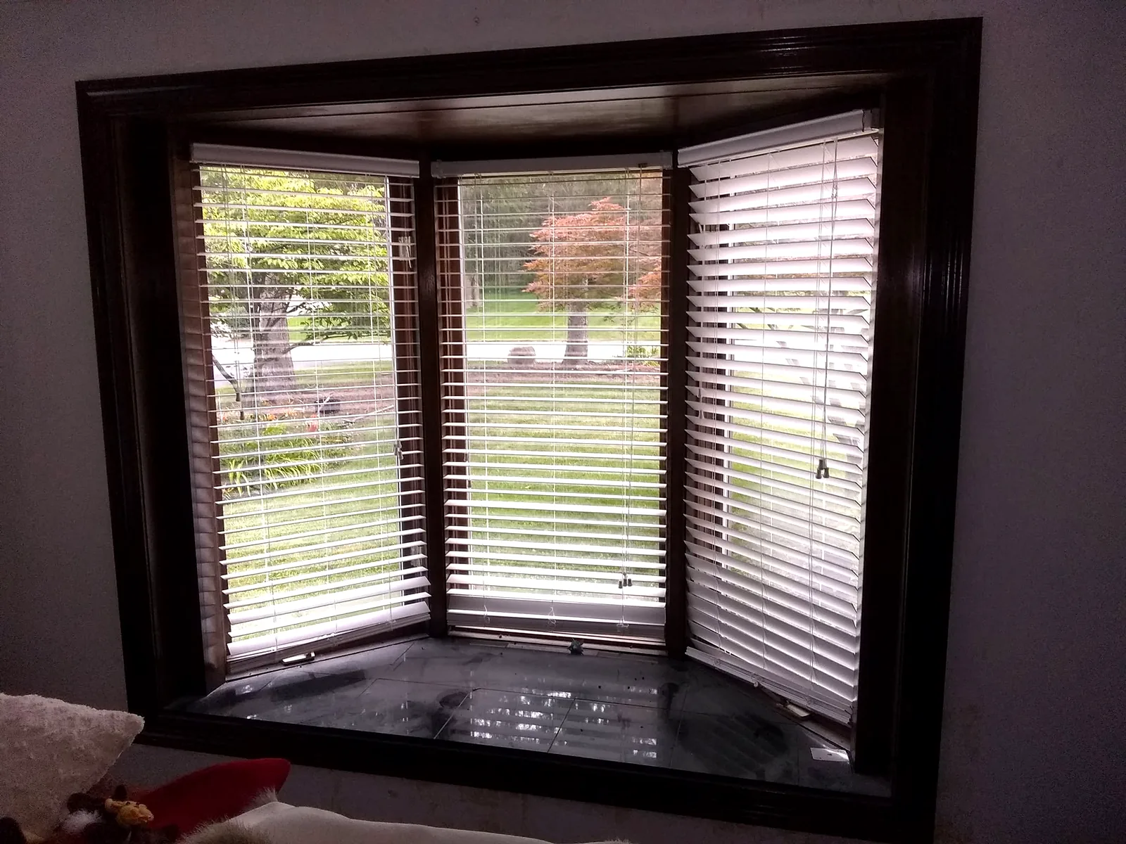 Finished bay window with dark wood trim, tiled sill, and blinds